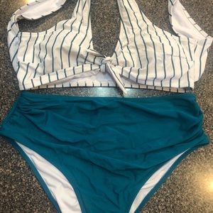 CUPSHE Women's Teal Solid Shirring Striped High Waisted Bikini Sets